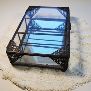 Glass and Mirror Jewelry Box with Filigree Black Corners